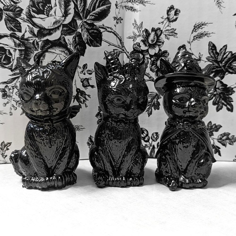 Set of 3 Spooky 4.25" Witch Cats • Black Ornamental Resin Kitties • Gothic Decor
